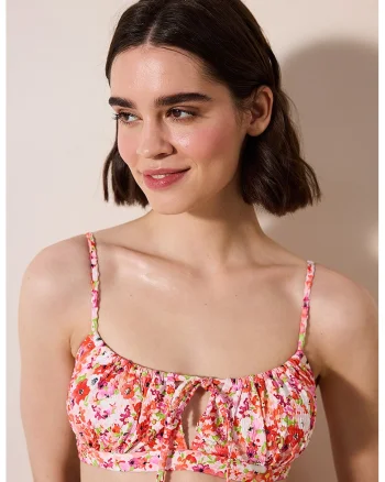 Sutien de baie cu model floral si decupaj, Rosu/Alb/Roz
