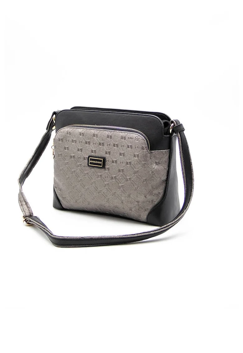 Geanta crossbody de piele ecologica cu buzunare cu fermoar, Negru/Argintiu inchis