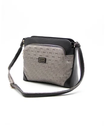 Geanta crossbody de piele ecologica cu buzunare cu fermoar, Negru/Argintiu inchis