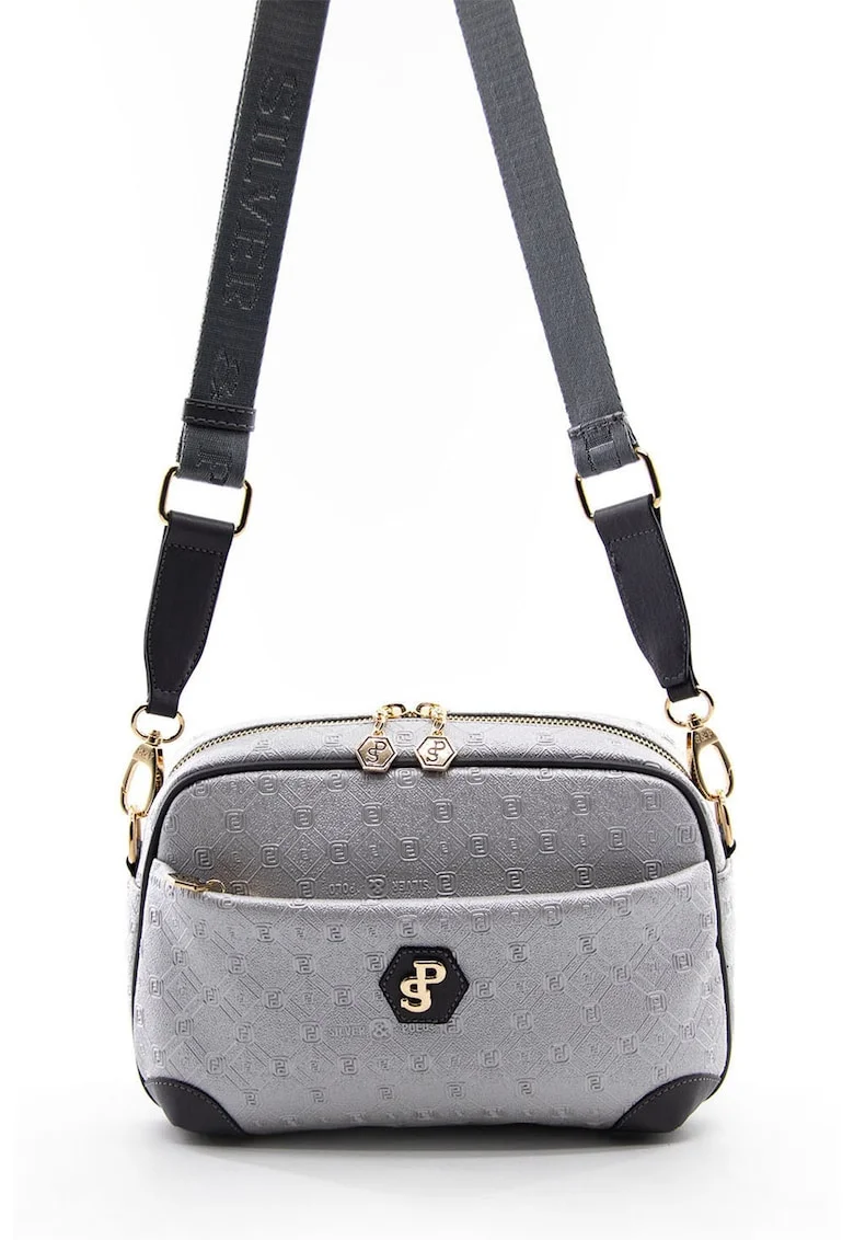 Geanta crossbody de piele ecologica cu model logo, Gri antracit/Argintiu