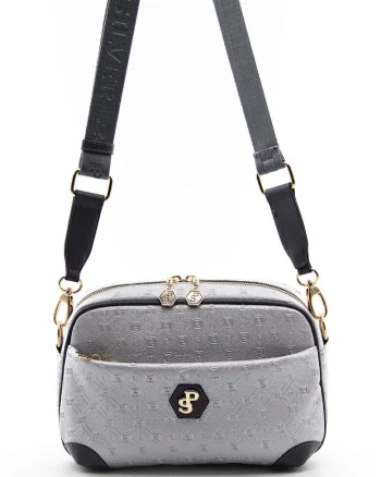 Geanta crossbody de piele ecologica cu model logo, Gri antracit/Argintiu