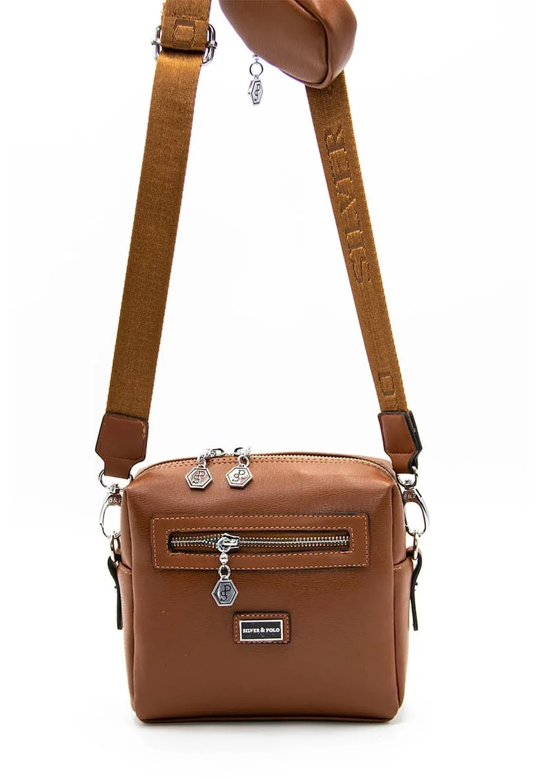 Geanta crossbody de piele ecologica cu etui detasabil, Caramel