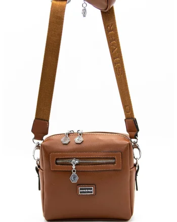 Geanta crossbody de piele ecologica cu etui detasabil, Caramel