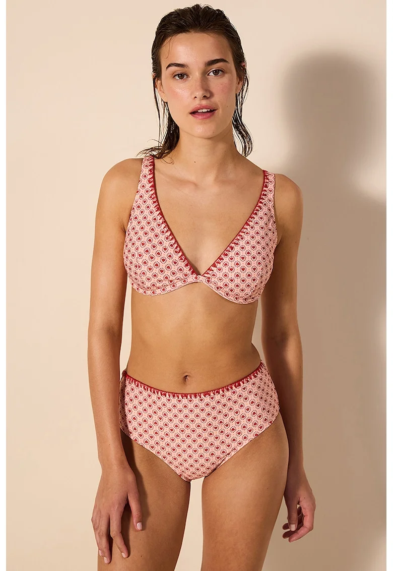 Sutien de baie cu cupe triunghiulare, Roz pastel/Rosu inchis