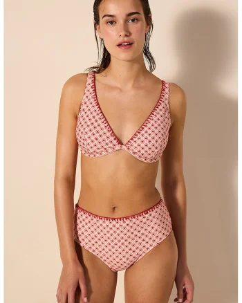 Sutien de baie cu cupe triunghiulare, Roz pastel/Rosu inchis