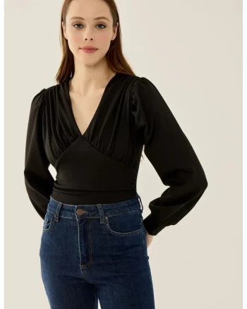 Body Slim Fit,  decolteu in V, maneci bufante, negru, poliester