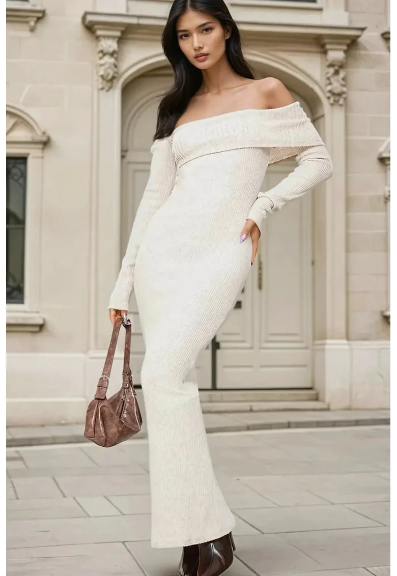 Rochie maxi bodycon,  umeri goi, bej, tricot