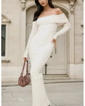 Rochie maxi bodycon,  umeri goi, bej, tricot