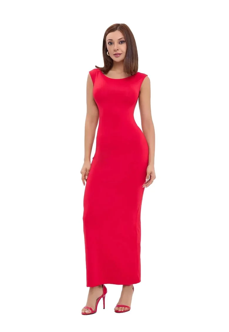 Rochie maxi bodycon,  Decolteu rotund, Spate gol, Rosu, Elastan/Poliamida