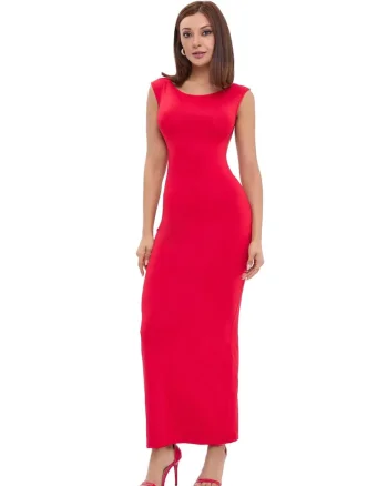 Rochie maxi bodycon,  Decolteu rotund, Spate gol, Rosu, Elastan/Poliamida