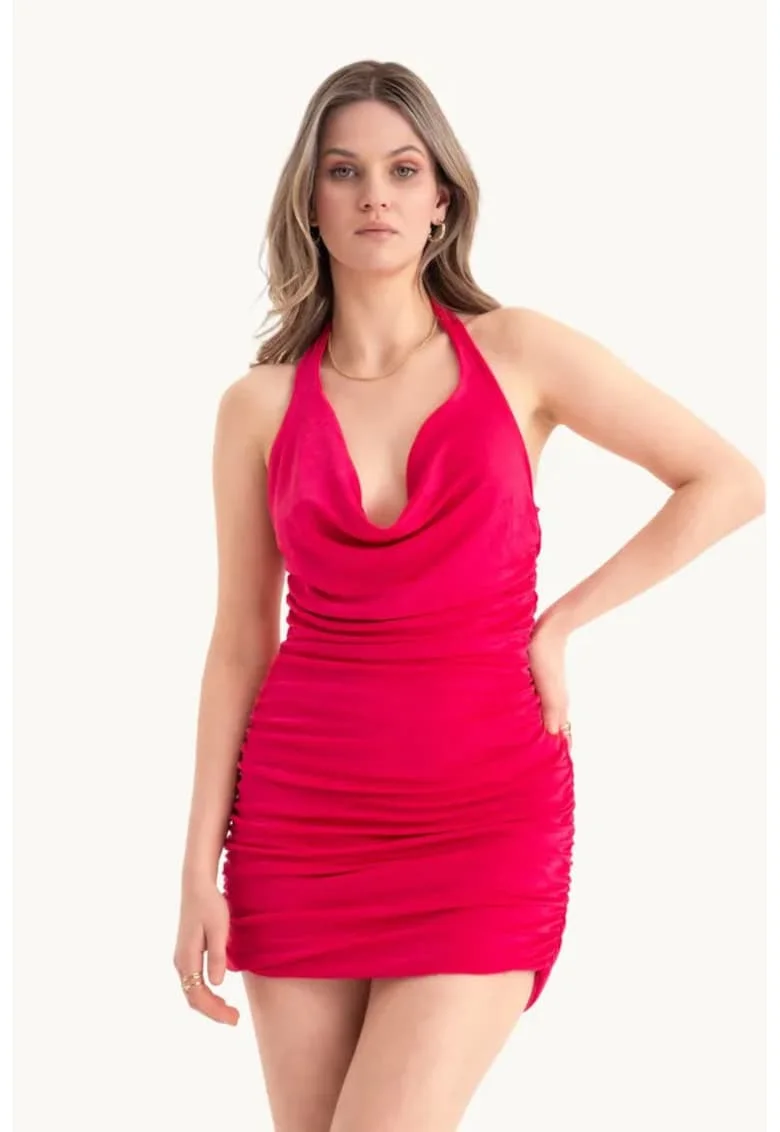 Rochie mini bodycon,  decolteu adanc, volane, rosie, jerseu