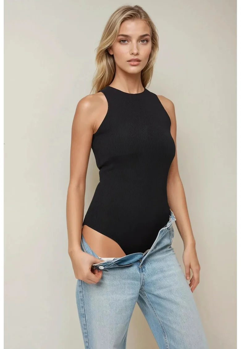 Body texturat  guler halter, croiala slim fit, negru, jerseu