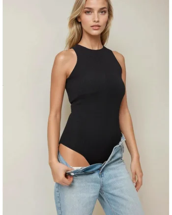 Body texturat  guler halter, croiala slim fit, negru, jerseu