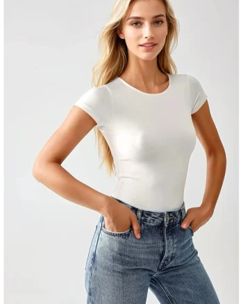 Body tricotat,  guler rotund, croiala slim fit, alb, tricot