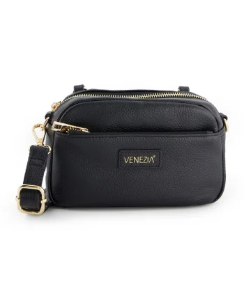Geanta crossbody dama  piele naturala, neagra, 12x20x6cm, cu 2 buzunare interioare, curea detasabila max 128cm
