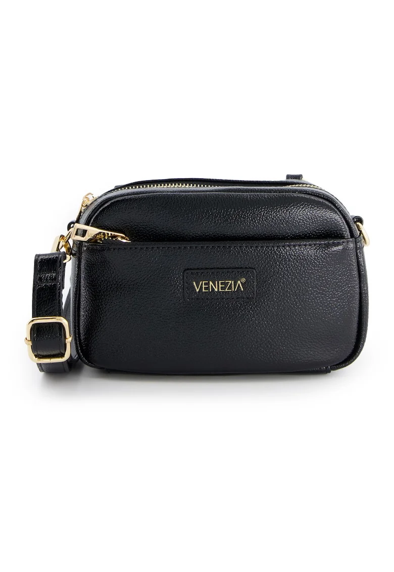 Geanta crossbody  piele lacuita, neagra, 12x20x6cm, cu 2 buzunare interioare, curea detasabila max 128cm
