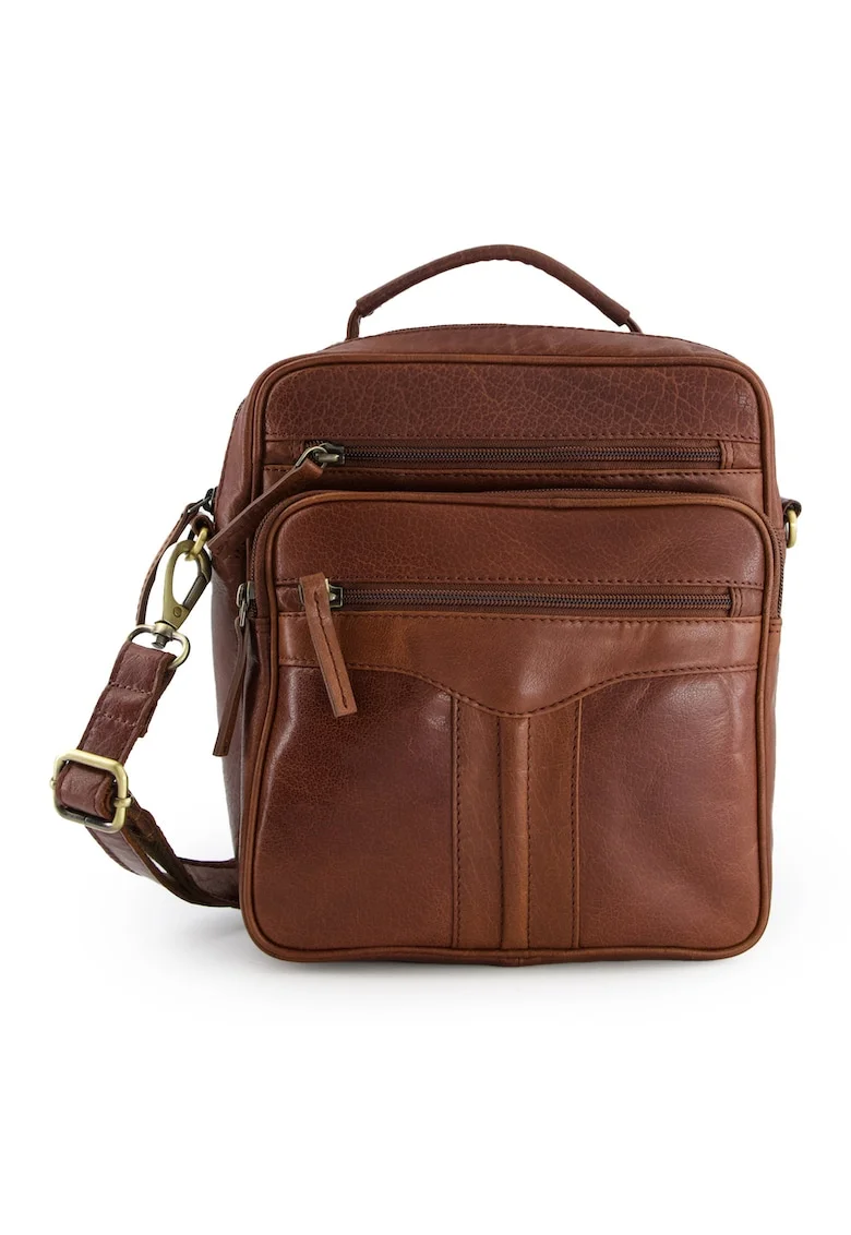 Geanta crossbody dama  piele naturala, maro, 25x22x10cm, 4 buzunare externe, curea detasabila max 140cm
