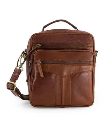 Geanta crossbody dama  piele naturala, maro, 25x22x10cm, 4 buzunare externe, curea detasabila max 140cm
