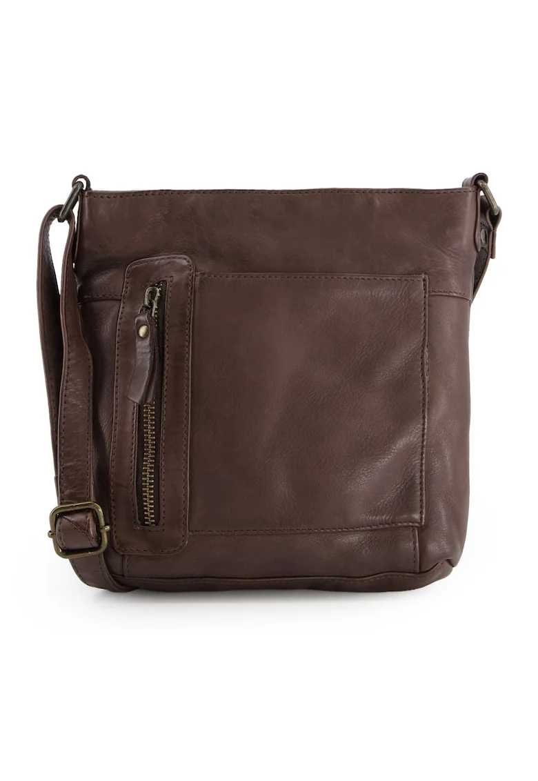 Geanta crossbody  din piele naturala, maro, 21x19x6cm, 5 buzunare, curea max 145cm