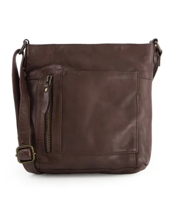 Geanta crossbody  din piele naturala, maro, 21x19x6cm, 5 buzunare, curea max 145cm