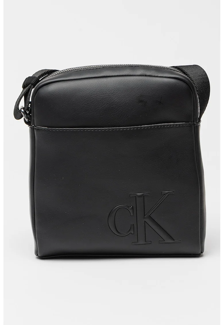 Geanta crossbody cu monograma logo in relief, Negru