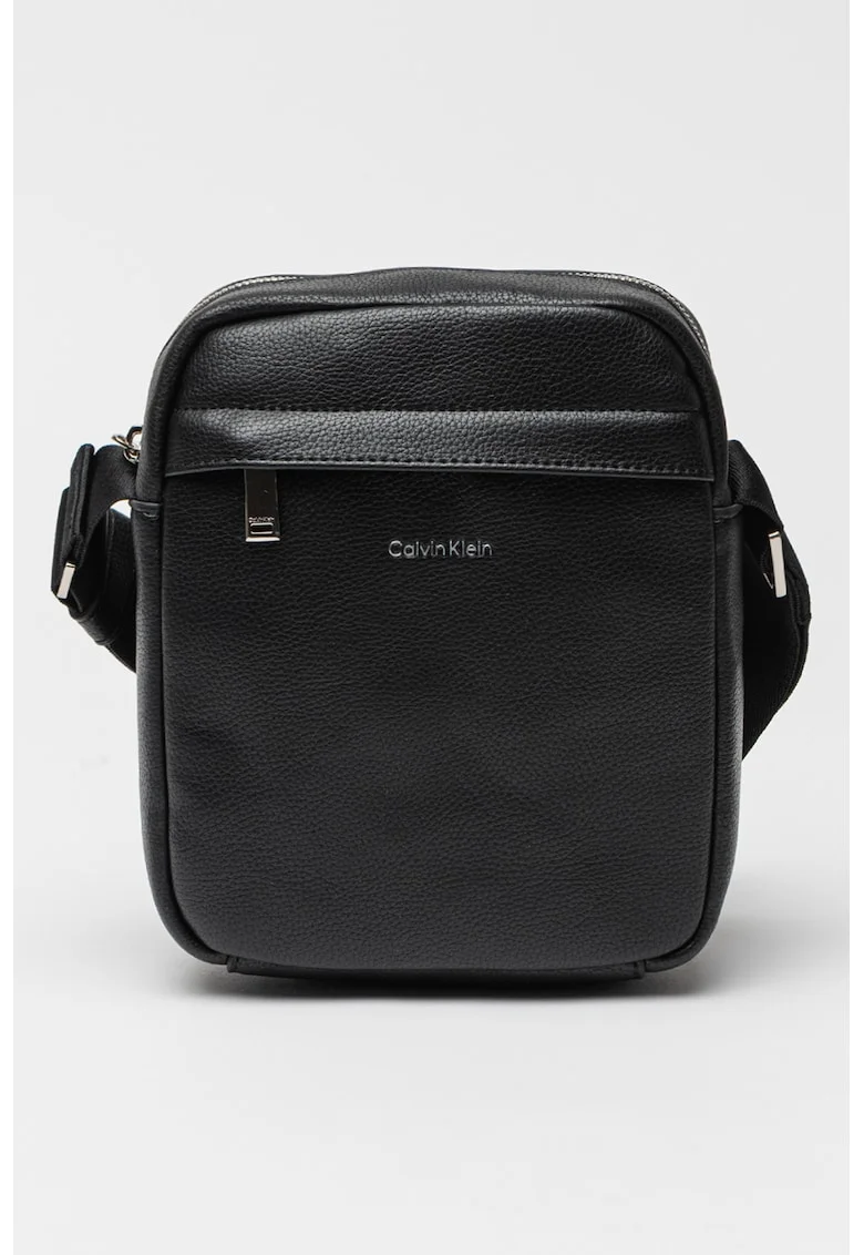 Geanta crossbody de piele ecologica cu logo, Negru