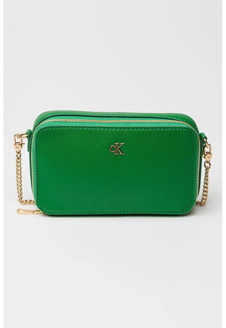 Geanta crossbody de piele ecologica cu logo metalic, Verde
