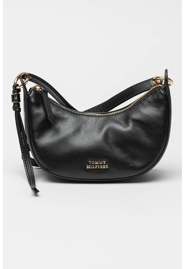 Geanta crossbody de piele in froam de semiluna, Negru