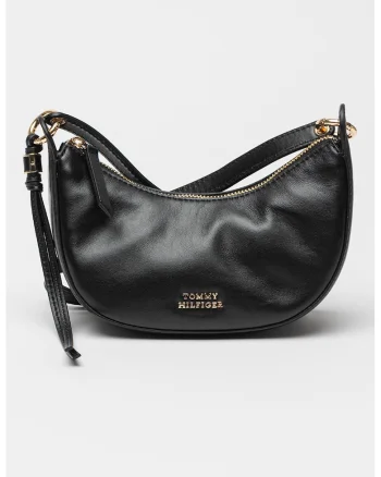 Geanta crossbody de piele in froam de semiluna, Negru