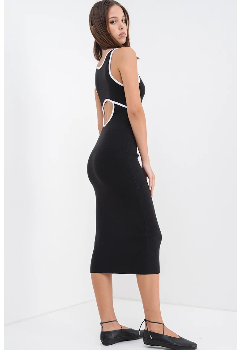 Rochie midi cu croiala bodycon, decolteu rotund si decupaj pe partea din spate, Negru