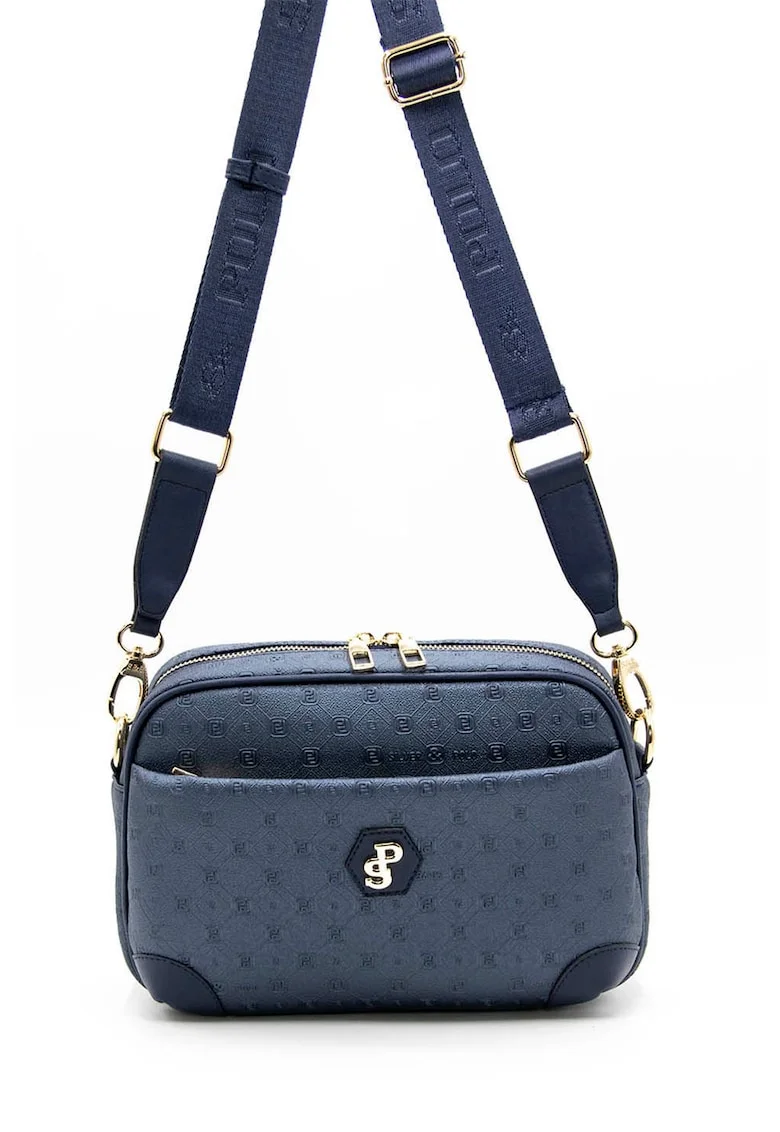 Geanta crossbody de piele ecologica cu model logo, Albastru