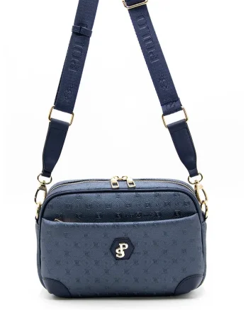 Geanta crossbody de piele ecologica cu model logo, Albastru
