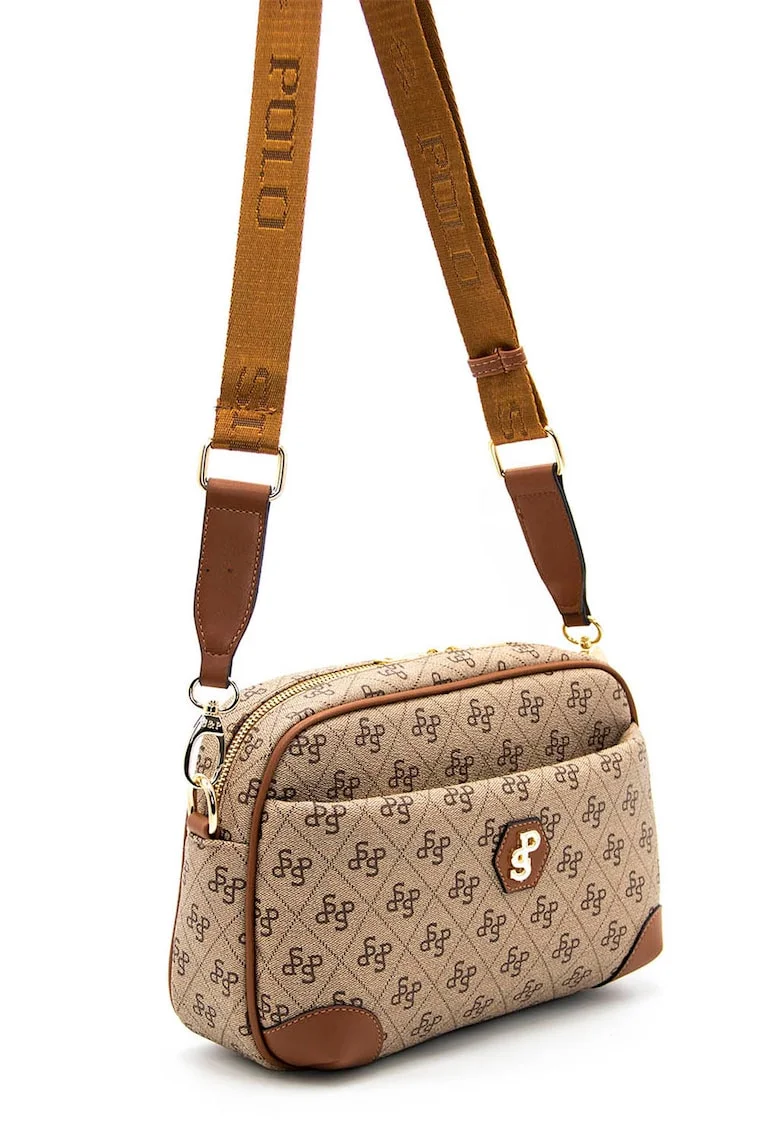 Geanta crossbody de piele ecologica cu model logo, Maro scortisoara