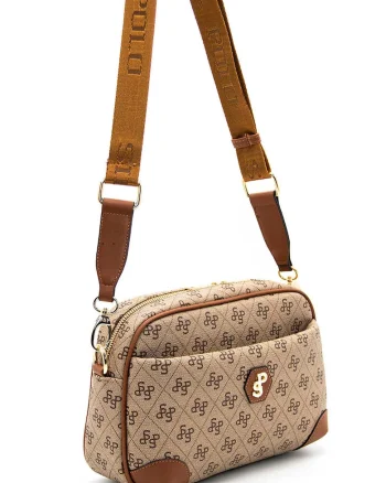 Geanta crossbody de piele ecologica cu model logo, Maro scortisoara