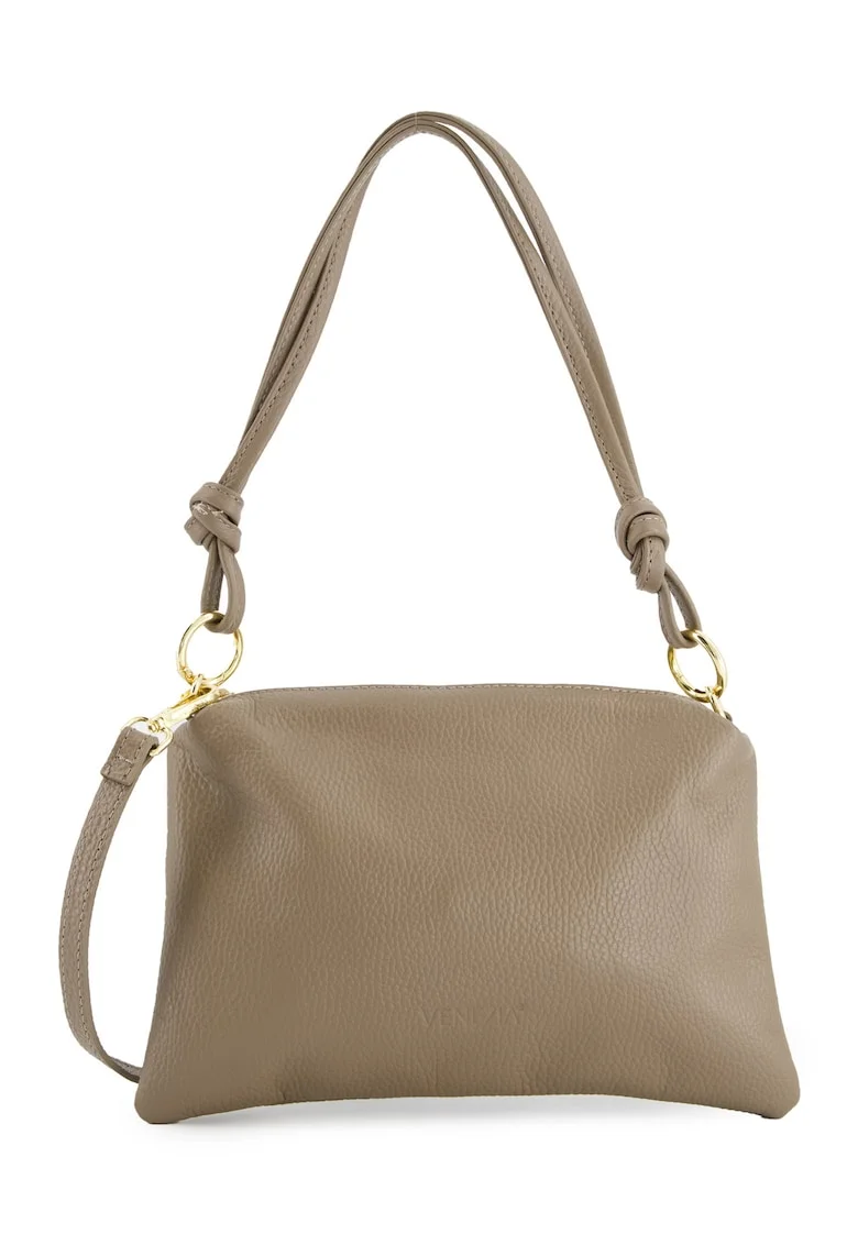 Geanta crossbody  din piele naturala, maro, 20x28x4cm, cu manere decorative, curea detasabila, lungime maxima 128cm.