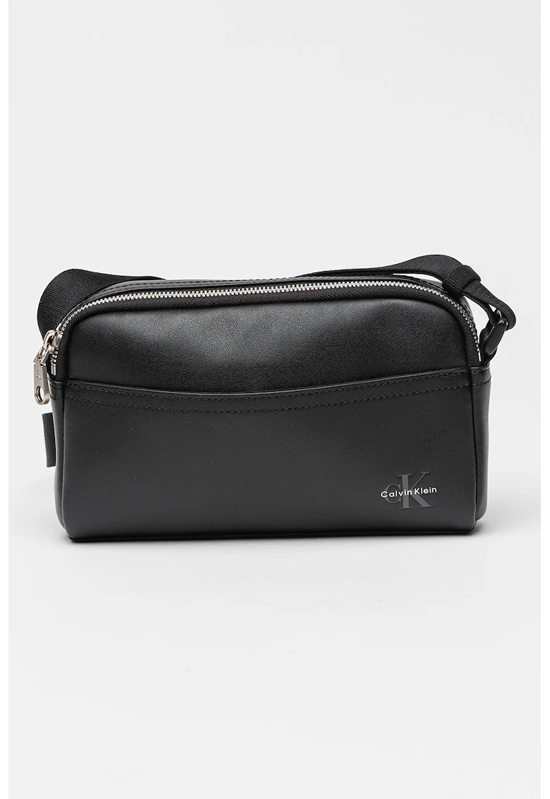 Geanta crossbody din piele ecologica cu detaliu logo, Negru