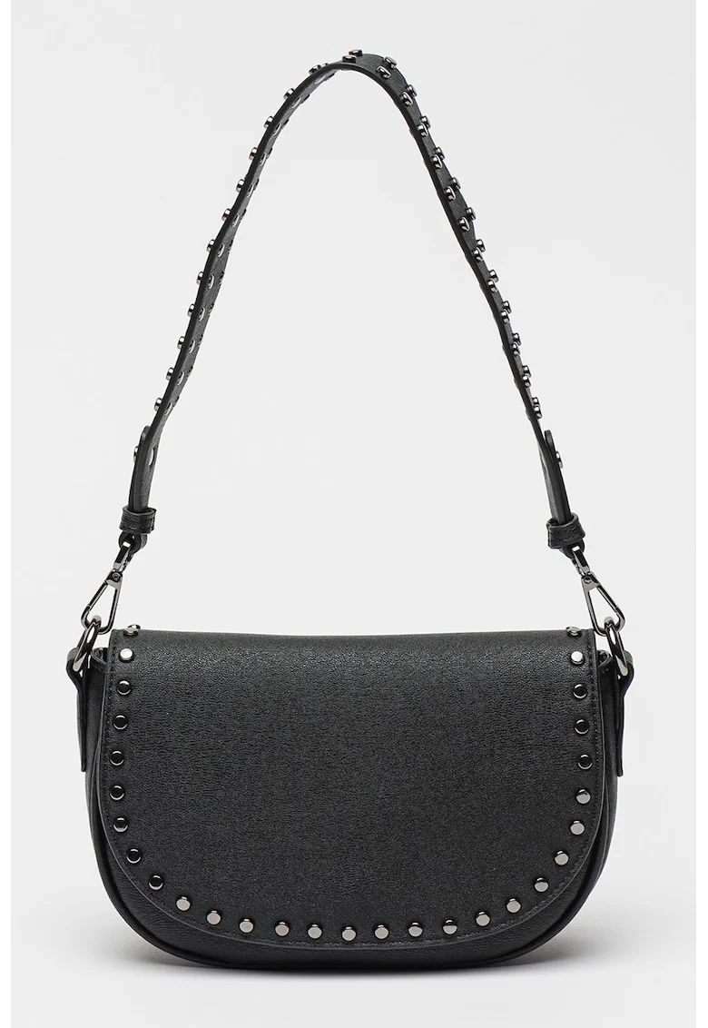 Geanta crossbody cu clapa si bareta cu logo, Negru