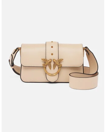 Geanta crossbody de piele cu logo metalic, Crem