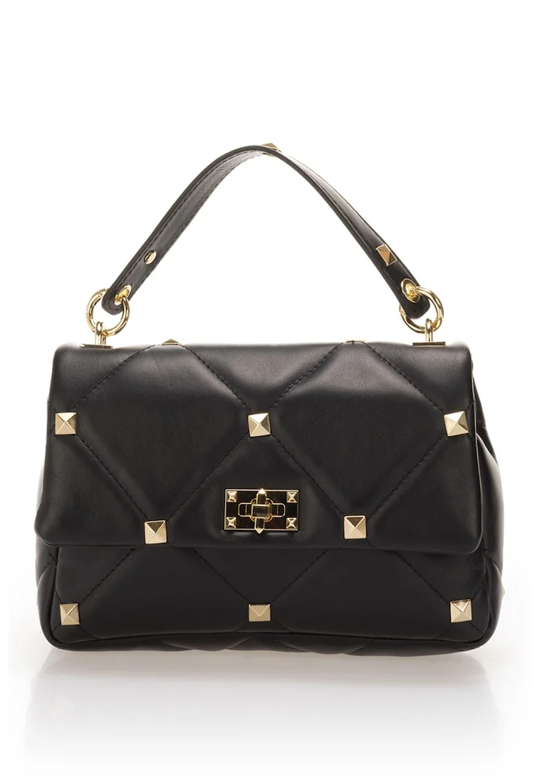 Geanta crossbody de piele cu tinte, Negru, 18 x 26 x 8 cm