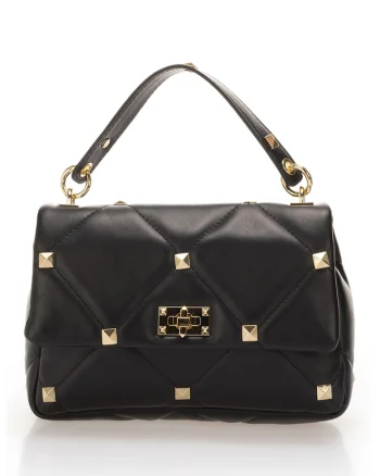 Geanta crossbody de piele cu tinte, Negru, 18 x 26 x 8 cm