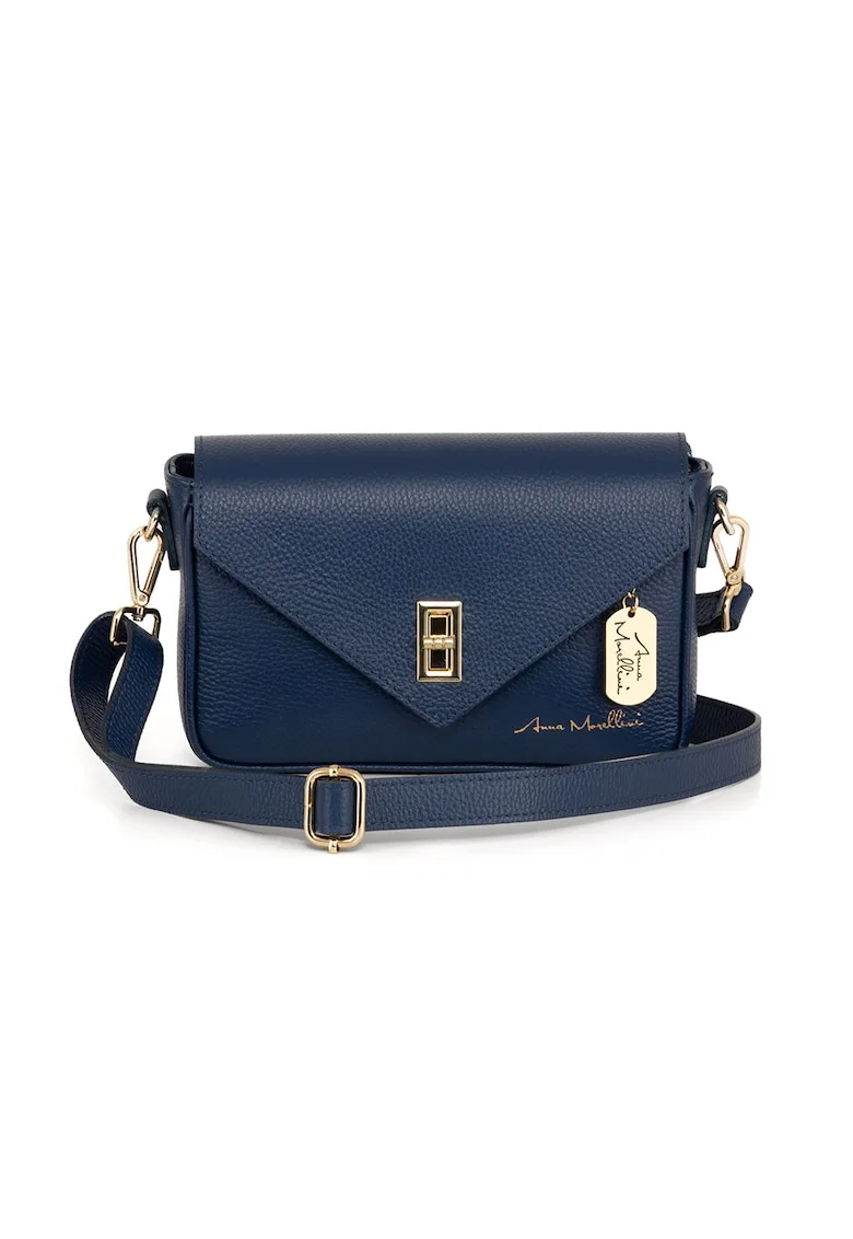 Geanta crossbody din piele cu sistem metalic, Bleumarin
