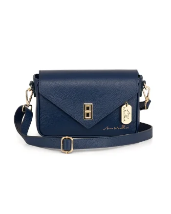 Geanta crossbody din piele cu sistem metalic, Bleumarin