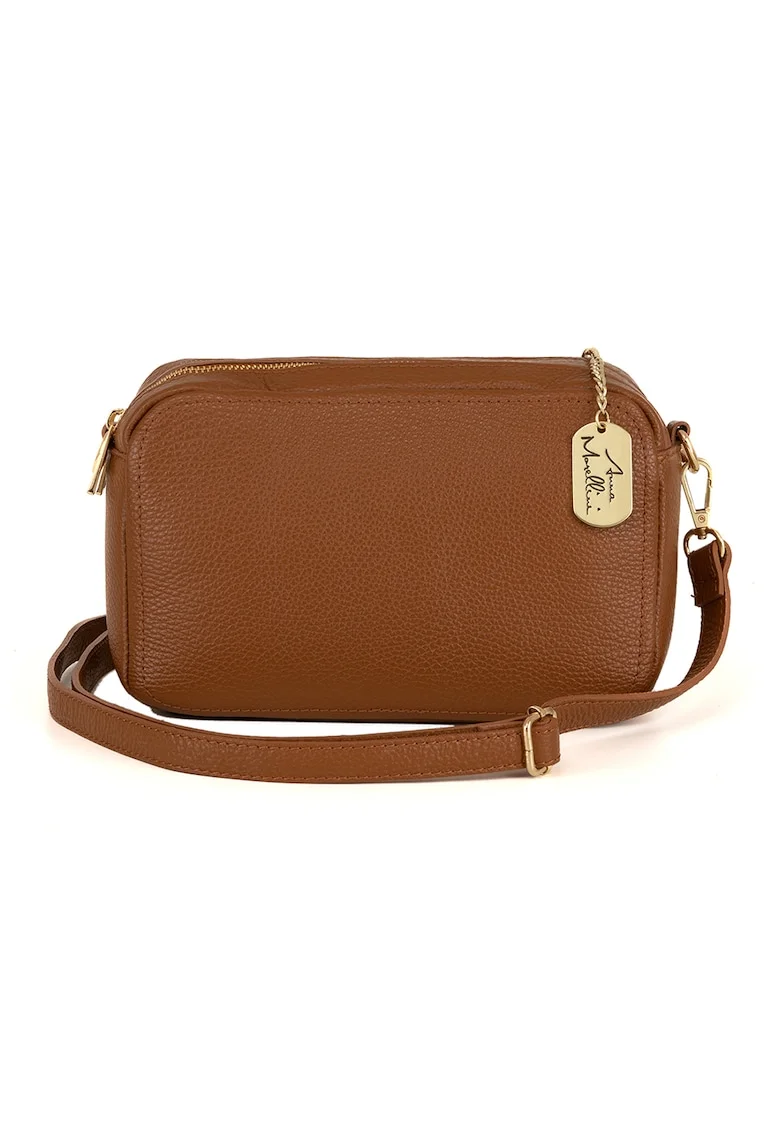 Geanta crossbody de piele cu aspect granulat, Maro scortisoara