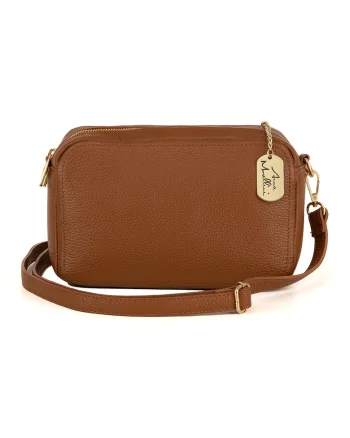 Geanta crossbody de piele cu aspect granulat, Maro scortisoara