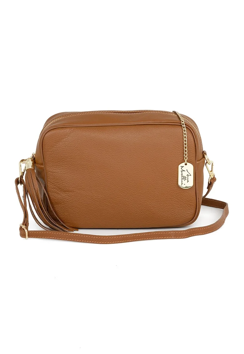 Geanta crossbody de piele cu bareta detasabila, Maro scortisoara