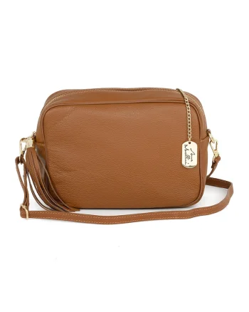 Geanta crossbody de piele cu bareta detasabila, Maro scortisoara