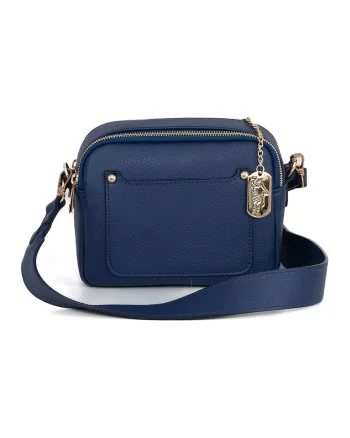 Geanta crossbody din piele cu bareta detasabila, Albastru inchis