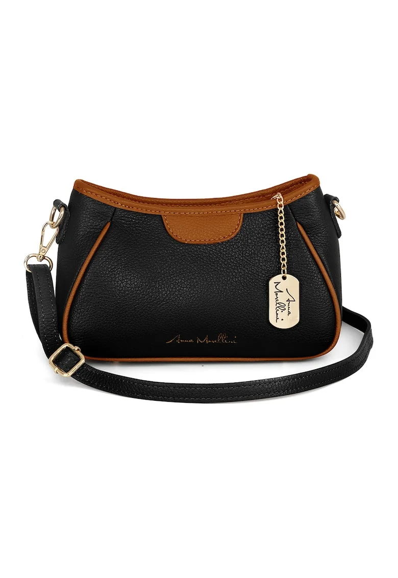 Geanta crossbody de piele cu garnituri contrastanta, Negru/Maro scortisoara