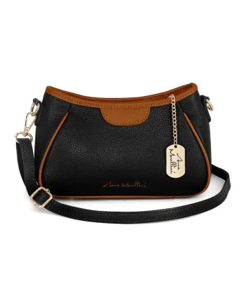 Geanta crossbody de piele cu garnituri contrastanta, Negru/Maro scortisoara
