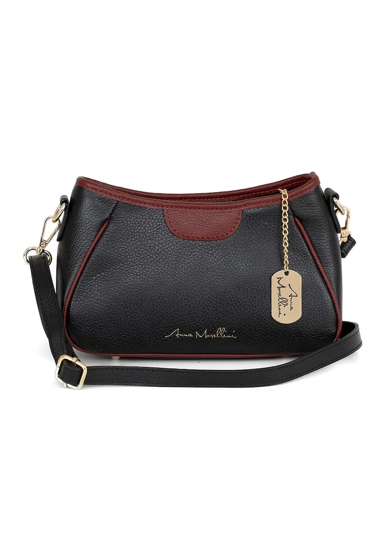 Geanta crossbody de piele cu garnituri contrastanta, Visiniu/Gri carbune